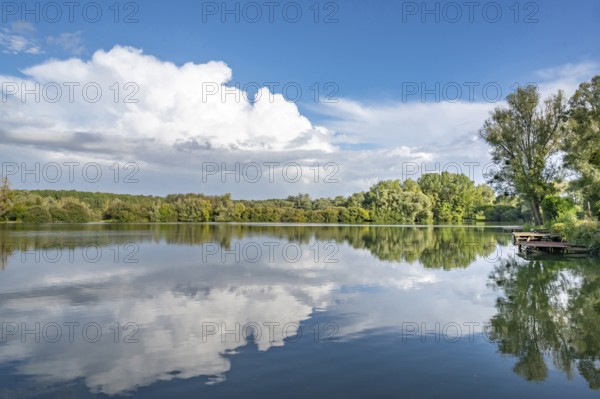 Natural landscape at Etang de Fouquenies (Fouquenies pond), a fishing lake near Beauvais. The motif shows mirror-like water reflecting the dense trees and green areas of the shore as well as several wooden fishing platforms, in Fouquenies, Oise department (60), Hauts-de-France region, France