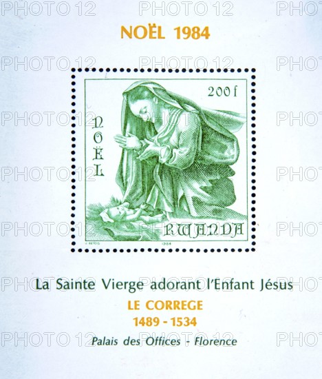 Madonna and Child, Mary with Jesus, painting by Le Correge in Florence on Rwandan Christmas stamp 1984