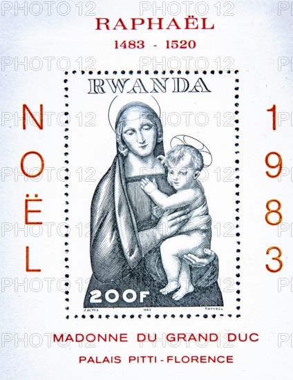 Madonna and Child, Mary with Jesus, painting by Raphael in Florence on Rwandan Christmas stamp 1983