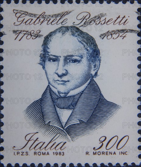 Gabriele Rossetti (1783-1854) was an Italian nobleman, poet, constitutionalist, scholar, and founder of the secret society Carbonari. Portrait on an Italian postage stamp