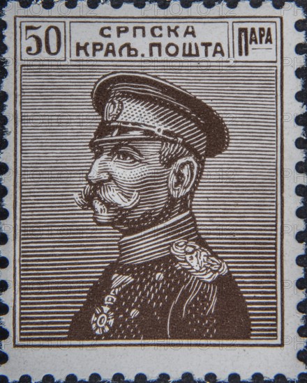 Peter I (1844-1921) was King of Serbia between 1903 and 1918. Portrait on Serbian postage stamp
