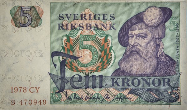 Gustav Vasa or Gustav I (1496-1560) was King of Sweden from 1523 to 1560. Portrait on the Swedish 5-krona banknote