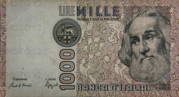 Marco Polo (1254-1324) was a Venetian explorer, who traveled to Asia. Portrait on an old Italian 1000-lire banknote