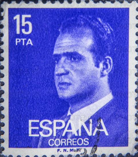 Juan Carlos I, born in 1938, was King of Spain between 1975 and 2014. Portrait on Spanish postage stamp