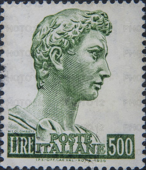 Saint George, (circa 275–280--303) was a Christian martyr, and according to tradition, a Roman soldier. Portrait on Italian postage stamp