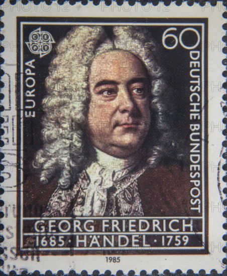 George Frideric Handel (1685-1759) was a German-English Baroque composer, famous for his operas, oratorios and concerti grossi. Portrait on German postage stamp