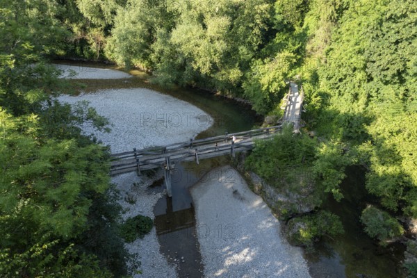 View over bridge, gravel bed, trees, Kranj, Upper Carniola, Slovenia