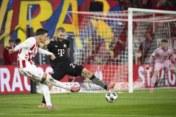 (DFL/DFB REGULATIONS PROHIBIT ANY USE OF PHOTOGRAPHS AS IMAGE SEQUENCES AND/OR QUASI-VIDEO), Rhein Energie Stadion, Cologne, North Rhine-Westphalia, Said el Mala (1.FC Cologne, Midfield, #13), Konrad Laimer (FC Bayern Munich, Midfield, #27), DFB-Pokal 1.FC Cologne, FC Bayern Munich on 29.10.2025 at the Rhein Energie Stadium in Cologne Germany