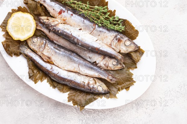 Baked fish, in grape leaves, with spices, on a white plate, homemade