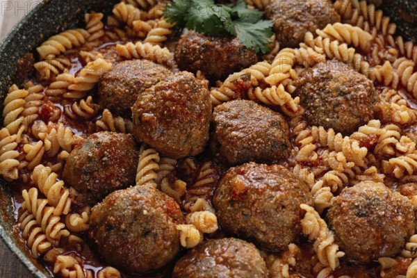 Minced meat meatballs, in tomato sauce, with fusilli pasta, in a cast-iron pan, homemade, no people