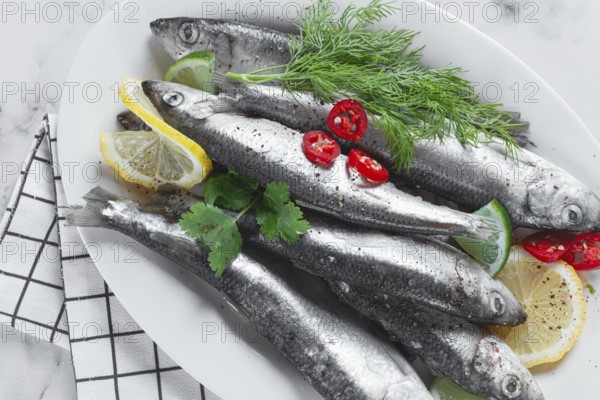 Fresh Herring fish, ready to cook, with herbs and spices, on a white platter, in the kitchen