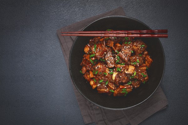 Bulgogi, with mushrooms, with sesame seeds and green onions, Korean cuisine, homemade, no people