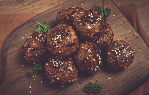 Tsukune, Japanese meatballs, minced chicken, fried on a skewer, with yakitori sauce, homemade, no people