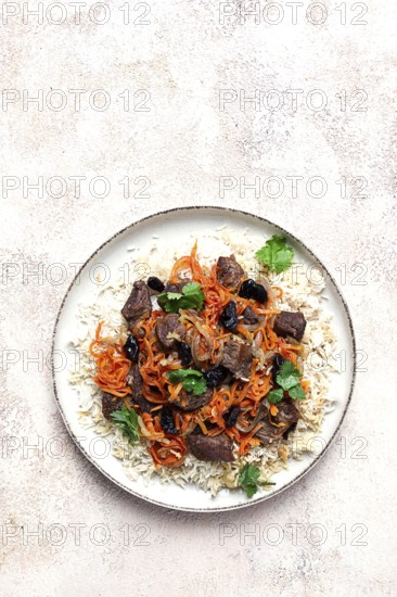 Kabuli pulao, pilaf, the national dish of Afghanistan, rice with meat, homemade, no people