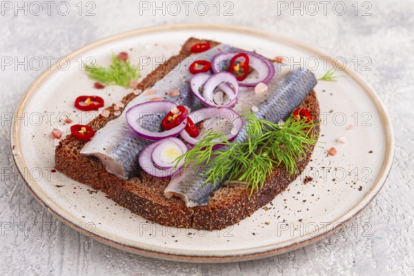 Sandwiches, Herring fish, on dark rye bread, sprinkled with onion, chili pepper and herbs, on a light plate