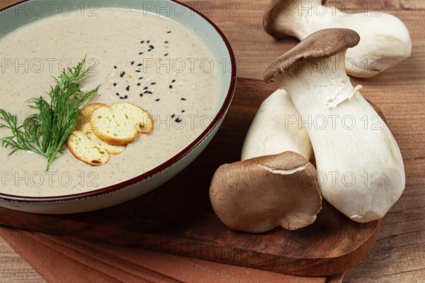 Mushroom cream soup, with dill and bruschetta, mushroom eringi