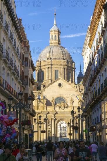View of Basilica of Our Lady of the Pillar cathedral church from Calle de Alfonso I, Zaragoza, Aragon, Spain