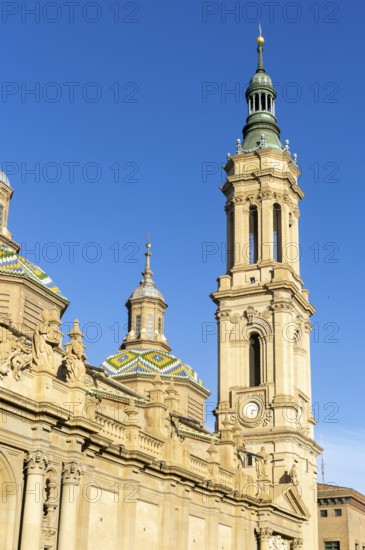 Towers and domes on roof of Basilica of Our Lady of the Pillar cathedral church, Zaragoza, Aragon, Spain