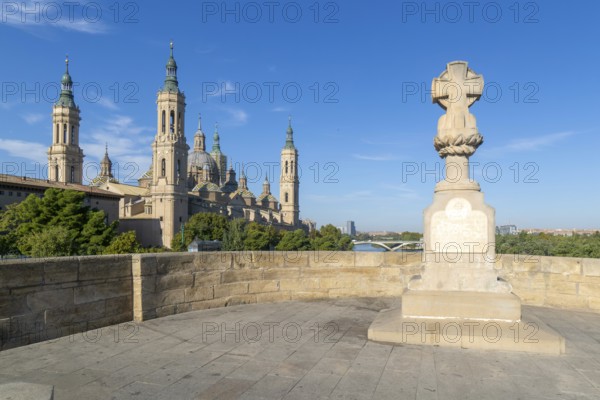 Basilica of Our Lady of the Pillar cathedral church, Zaragoza, Aragon, Spain, Europe view from River Ebro bridge