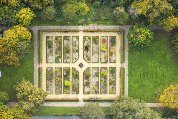 Aerial view, castle park with herb garden at Moyland Castle, Herbstwald, Moyland, Bedburg-Hau, Lower Rhine, North Rhine-Westphalia, Germany