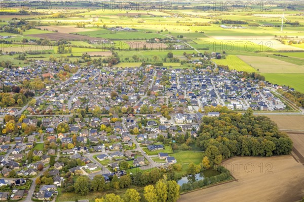 Aerial view, residential area town view district Hasselt, Bedburg-Hau, Lower Rhine, North Rhine-Westphalia, Germany