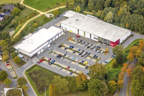Aerial view, shopping center with Aldi supermarket and Edeka supermarket and parking lot, Bedburg, Bedburg-Hau, Lower Rhine Westphalia, Germany