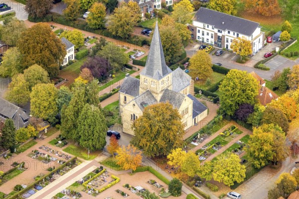 Aerial view, St. Markus Schneppenbaum Catholic Parish Church, autumn trees, Bedburg, Bedburg-Hau, Lower Rhine, North Rhine-Westphalia, Germany