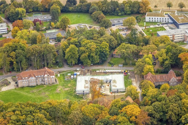 Aerial view, LVR-Klinikgebäude Südlicher Rundweg construction site, autumn trees, Hau, Bedburg-Hau, Lower Rhine, North Rhine-Westphalia, Germany