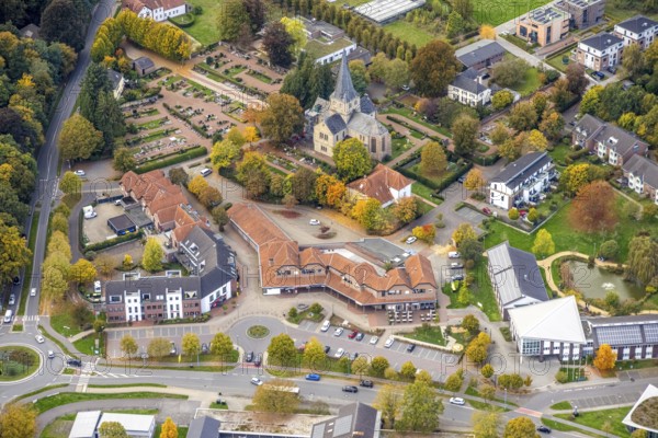 Aerial view, St. Markus Cathedral Schneppenbaum and St. Markus cemetery, autumn trees, Klosterplatz shopping center, Bedburg, Bedburg-Hau, Lower Rhine, North Rhine-Westphalia, Germany