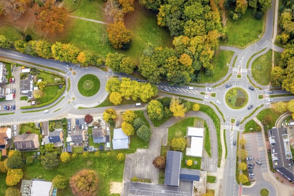 Aerial view, two green roundabouts Udemer Straße, autumn trees, Schneppenbaum, Bedburg-Hau, Lower Rhine, North Rhine-Westphalia, Germany
