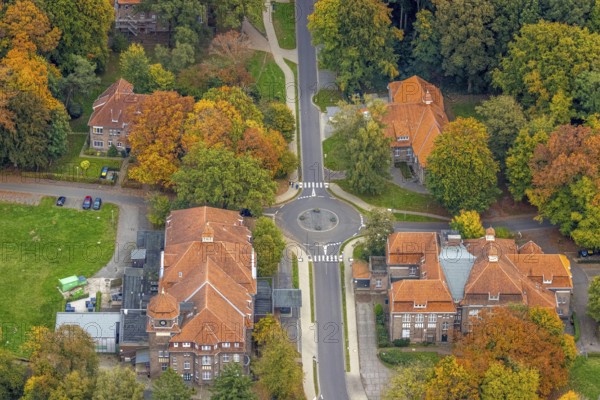 Aerial view, LVR-Klinik Bedburg-Hau, Buchenallee roundabout and medical building, autumn trees, Hau, Bedburg-Hau, Lower Rhine, North Rhine-Westphalia, Germany