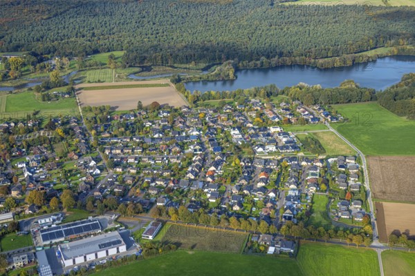 Aerial view, new residential area town view district district Kessel, lake and forest area, Kessel, Goch, Lower Rhine, North Rhine-Westphalia, Germany, DE, Europe, aerial photo, aerial photography, overview, bird's eye view, birds-eyes view, overview