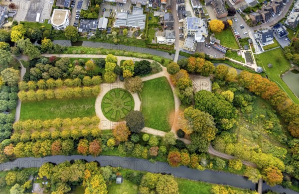 Aerial view, municipal park and autumn trees on the river Niers, tree-lined avenue and circular garden, Goch, Lower Rhine, North Rhine-Westphalia, Germany, trees in autumn colors, Europe, autumn, autumn colors, autumn mood, aerial photography, aerial photography, park, overview, birds-eye view, autumn tree avenue, autumn trees, overview
