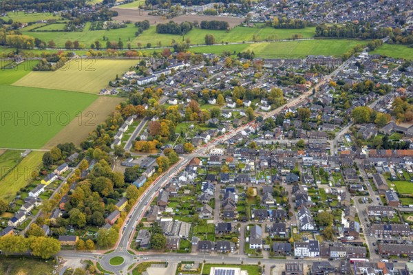 Aerial view, construction site and renovation Ostring with cycle path, residential area, Goch, Lower Rhine, North Rhine-Westphalia, Germany, construction site, construction project, construction site, DE, Europe, property tax, real estate, aerial photography, aerial photography, new building, overview, bird's eye view, residential complex, living and living, residential district, residential area, birds-eyes view, overview