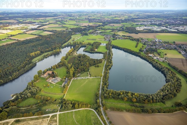 Aerial view, dark lake and Gräfenthal monastery surrounded by autumn trees, view of Asperden, distance view, Asperden, Goch, Lower Rhine Westphalia, Germany, DE, Europe, aerial photography, aerial photography, lake, overview, birds-eyes view, overview