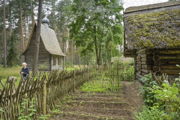 Garden, wooden house, farmhouse, Latvian Ethnographic Open-air Museum, Brivdabas iela, Riga, Latvia