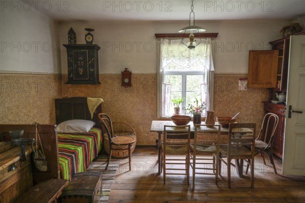 Living room, bed, Kazaki house, wooden house, Latvian Ethnographic Open-air Museum, Brivdabas iela, Riga, Latvia