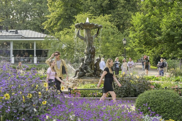 Nymph fountain, people, leisure, municipal park, Riga, Latvia