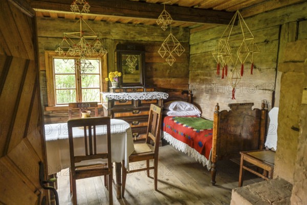 Bed, living room, table, wooden house, fisherman's house, Latvian Ethnographic Open-Air Museum, Brivdabas iela, Riga, Latvia