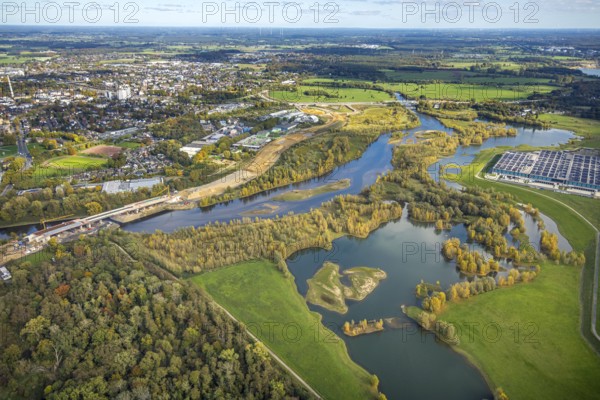 Aerial view, Lippe estuary, construction site and new Lippe bridge building and extension with feeder federal road B8, river Lippe and NSG, view of Wesel, Lower Rhine, North Rhine-Westphalia, Germany, construction site, building plots, construction project, construction site, DE, Europe, aerial photography, aerial photography, new building, overview, bird's eye view, Wesel, birds-eyes view, overview