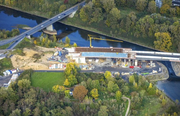 Aerial view, Lippe bridge construction site, new bridge over the river Lippe for connection to the federal road B58 and Lower Rhine bridge Wesel, Wesel, Lower Rhine, North Rhine-Westphalia, Germany, construction area, building land, building plots, construction project, construction site, DE, Europe, aerial photography, aerial photography, new building, overview, birds-eyes view, overview, birds-eyes view, overview