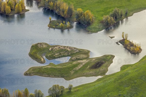Aerial view, Lippe river with small islands in the Lippe estuary nature reserve, shapes and colors, Wesel, Lower Rhine, North Rhine-Westphalia, Germany, DE, Europe, aerial photo, aerial photography, overview, bird's eye view, birds-eyes view, overview