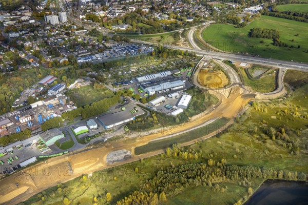 Aerial view, lip mouth area, construction site and new building extension and feeder Bundesstraße B8, Fusternberg, Wesel, Lower Rhine, North Rhine-Westphalia, Germany, construction area, building land, building plots, construction project, construction project, construction site, DE, Europe, aerial photography, aerial photography, new building, road traffic, overview, birds-eyes view, overview
