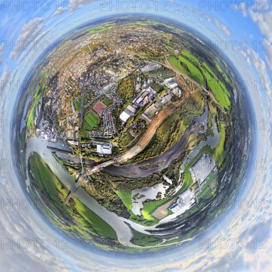 Aerial view, town view of Wesel, Rhine river and Wesel Lower Rhine bridge, Lippe Lippe estuary with construction site and nature reserve NSG Büdericher Insel, at the bottom of the Rhine estuary, Wesel, Datteln Canal, globe, fisheye image, 360 degree view, tiny world, little planet, fisheye image, Wesel, Ruhr area, Lower Rhine, North Rhine-Westphalia, Germany, construction, construction area, building area, building area, building area, building area, building area, construction site, building plots, construction project, construction site, bridge, DE, Europe, fisheye lens, large construction site, Hanseatic City, Little Planet, aerial photography, aerial photography, muzzle, super wide angle lens, tiny world, overview, bird's eye view, world globe, living and living, residential area, living quality, birds-eyes view, fisheye lens, insta360 camera, overview
