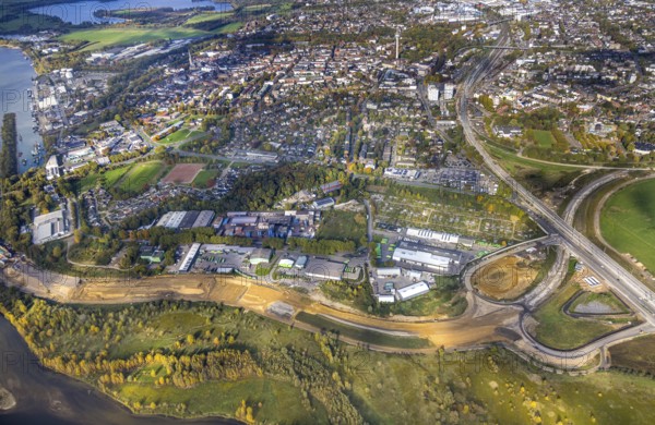 Aerial view, lip mouth area, construction site and new building extension and feeder federal road B8, view of Wesel and in front the Am Lippeglacis industrial estate, Fusternberg, Wesel, Lower Rhine Westphalia, Germany, construction area, building land, building plots, construction project, construction site, DE, Europe, aerial photography, aerial photography, new building, road traffic, overview, bird's eye view, birds-eyes view, overview