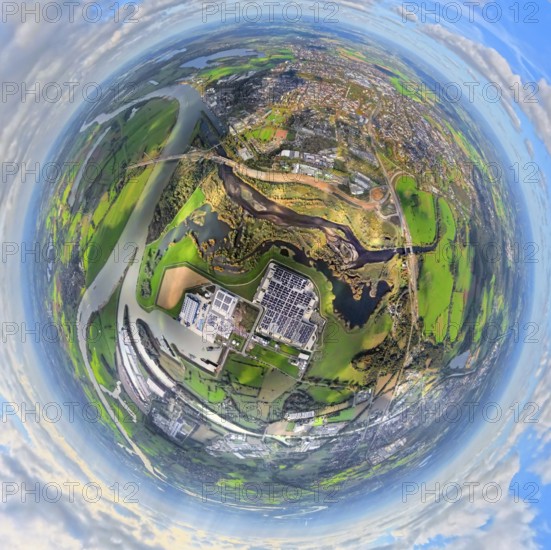 Aerial view, town view of Wesel, Rhine river and Wesel Lower Rhine bridge, Lippe Lippe estuary with construction site and nature reserve NSG Büdericher Insel, below Rhine mouth Wesel, Wesel logistics center Zum Rhein-Lippe harbour, earth globe, fisheye recording, fish eye recording, 360 degree view, tiny world, little planet, fisheye image, Wesel, Ruhr area, Lower Rhine, North Rhine-Westphalia, Germany, construction area, building land, building plots, construction project, construction site, bridge, DE, Europe, fisheye lens, fisheye lens, large construction site, Hanseatic City, Little Planet, aerial photography, aerial photography, estuary, super wide angle lens, tiny world, overview, bird's eye view, world globe, living and living, residential area, quality of living, birds-eyes view, fisheye lens, insta360 camera, overview