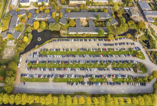 Aerial view, parking lot at Kalkar Wonderland amusement park, shapes and colors, Hönnepel, Kalkar, Lower Rhine, North Rhine-Westphalia, Germany, DE, Europe, gastronomy, hotel complex, hotel industry, aerial photography, aerial photography, overview, birds-eyes view, overview