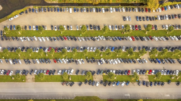 Aerial view, parking lot at Kalkar Wonderland amusement park, shapes and colors, Hönnepel, Kalkar, Lower Rhine, North Rhine-Westphalia, Germany, DE, Europe, aerial photography, aerial photography, overview, birds-eyes view, overview