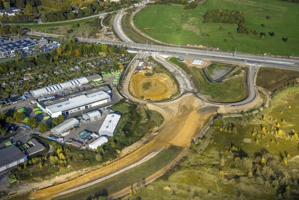 Aerial view, lip mouth area, construction site and new building extension and feeder Bundesstraße B8, Fusternberg, Wesel, Lower Rhine, North Rhine-Westphalia, Germany, construction area, building land, building plots, construction project, construction project, construction site, DE, Europe, aerial photography, aerial photography, new building, road traffic, overview, birds-eyes view, overview