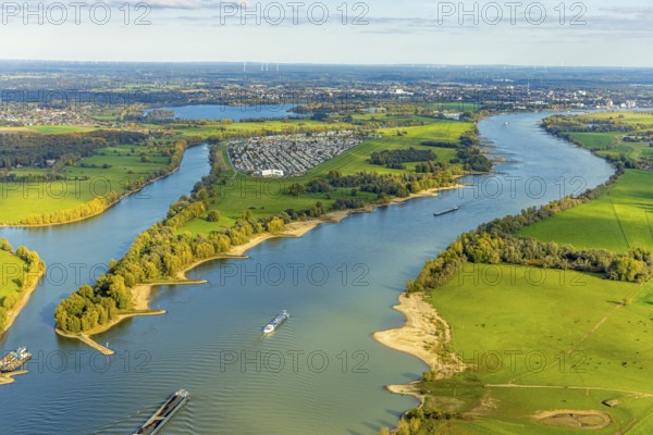 Aerial view, Rhine river with inland navigation on Gravinsel with the campsite, Rheinaue and view to Wesel, Bislich, Wesel, Lower Rhine, North Rhine-Westphalia, Germany, DE, Europe, river, aerial photography, aerial photography, shipping, overview, birds-eyes view, overview